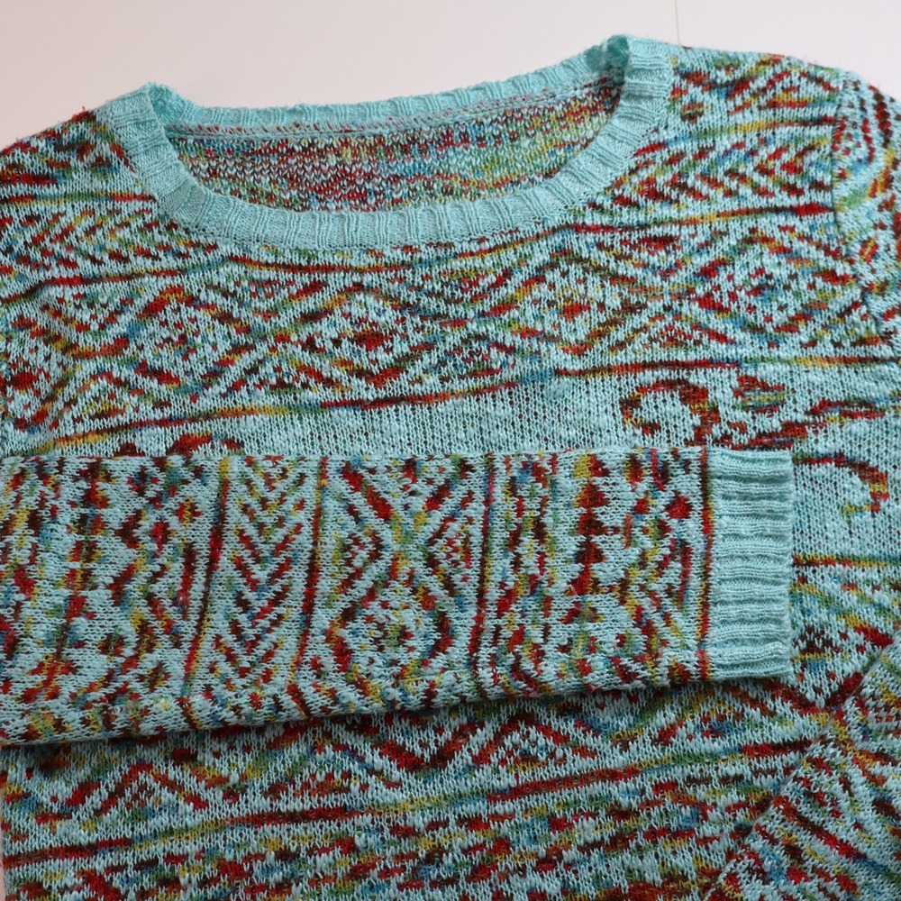 Unbranded Fair Isle Geometric Sweater Womens M Turquoise Multicolor Long Sleeve